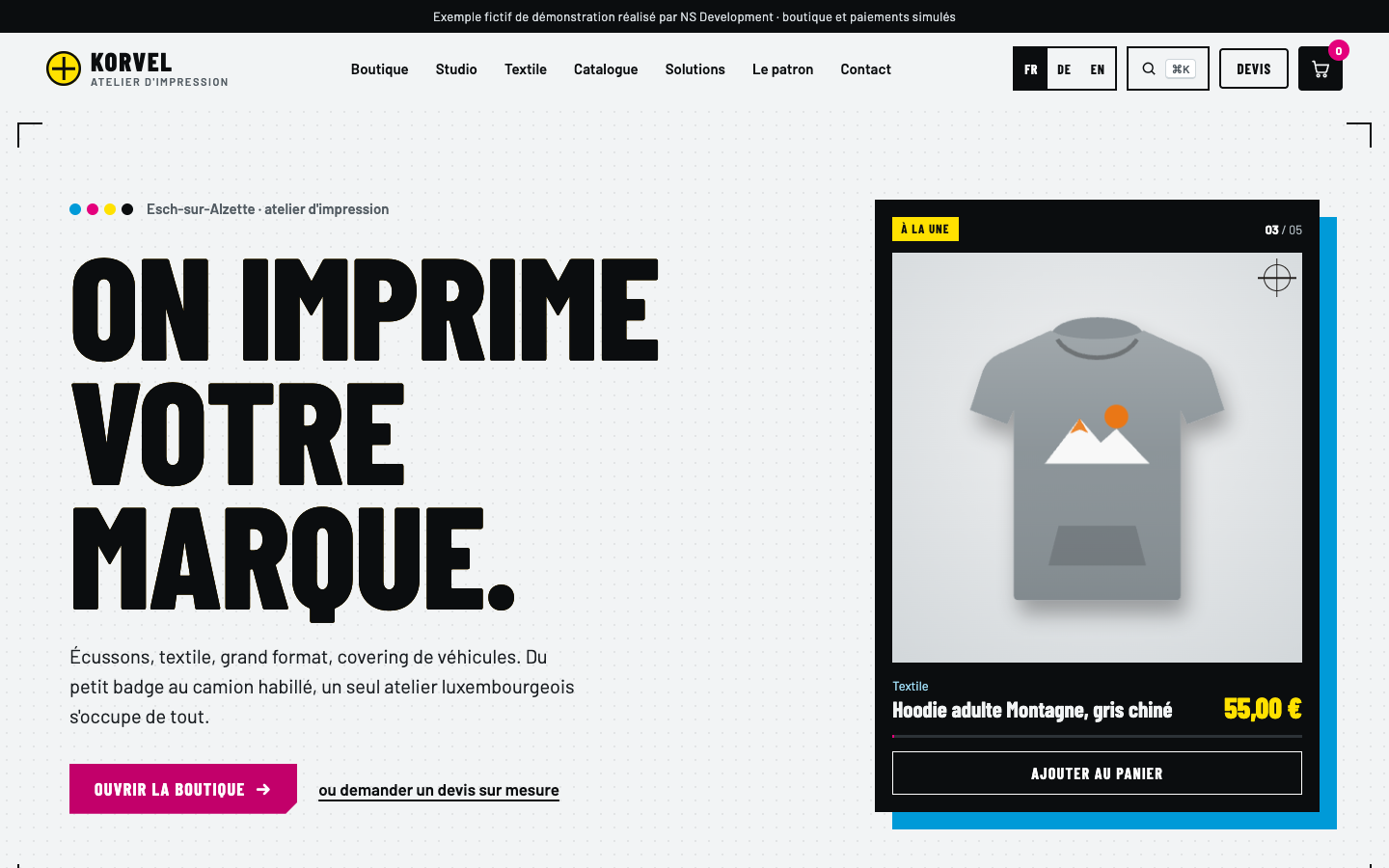 Exemple de site imprimerie et textile personnalisé — KORVEL